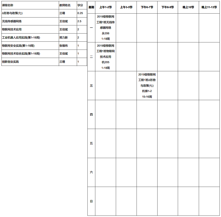 本人大四上学期课表